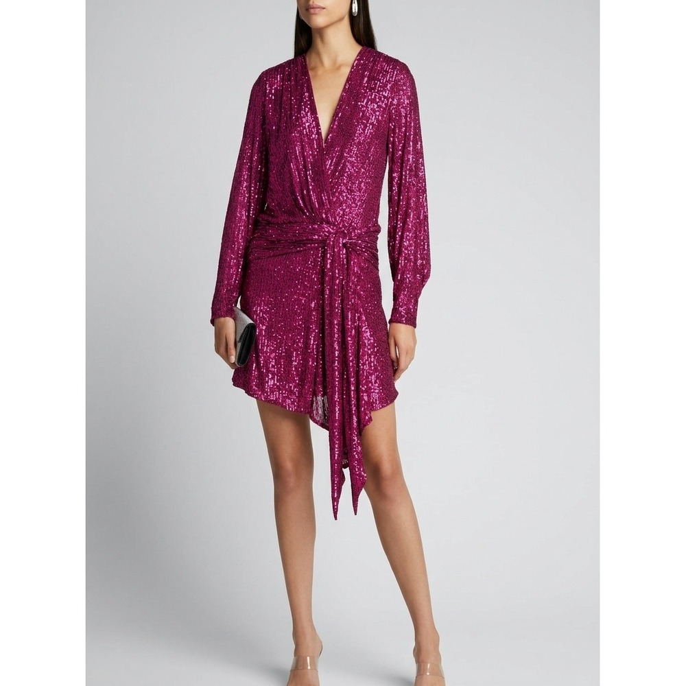 Jonathan Simkhai Magenta Pink Sequin Draped Mini Dress Long Sleeve Size Medium